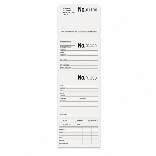 White repair and layaway envelope with numbered claim checks, front view