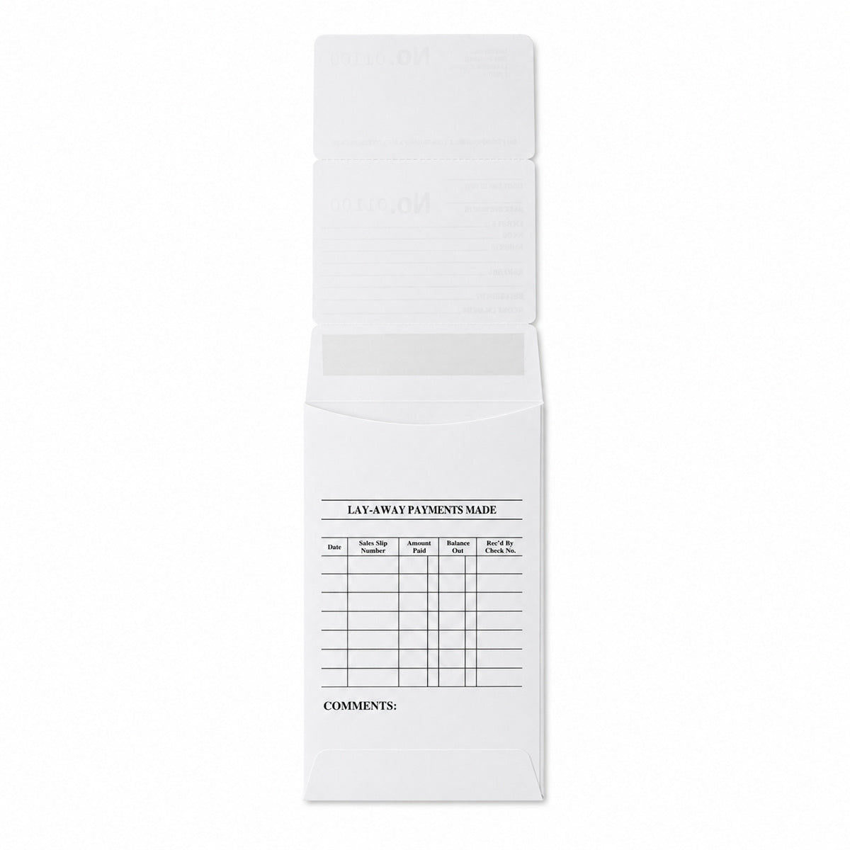 White repair and layaway envelope with payment record and storage pocket, back view