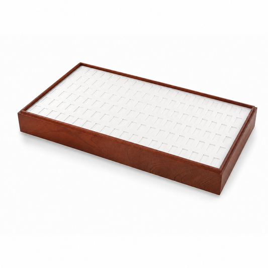 Wooden 120-slot ring display tray with white insert on a clean white background