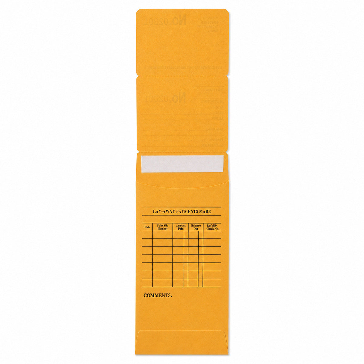Yellow repair and layaway envelope with payment record and storage pocket, back view
